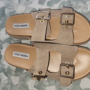 Steve Madden Gold Wedge Sandals with Double Buckle Straps